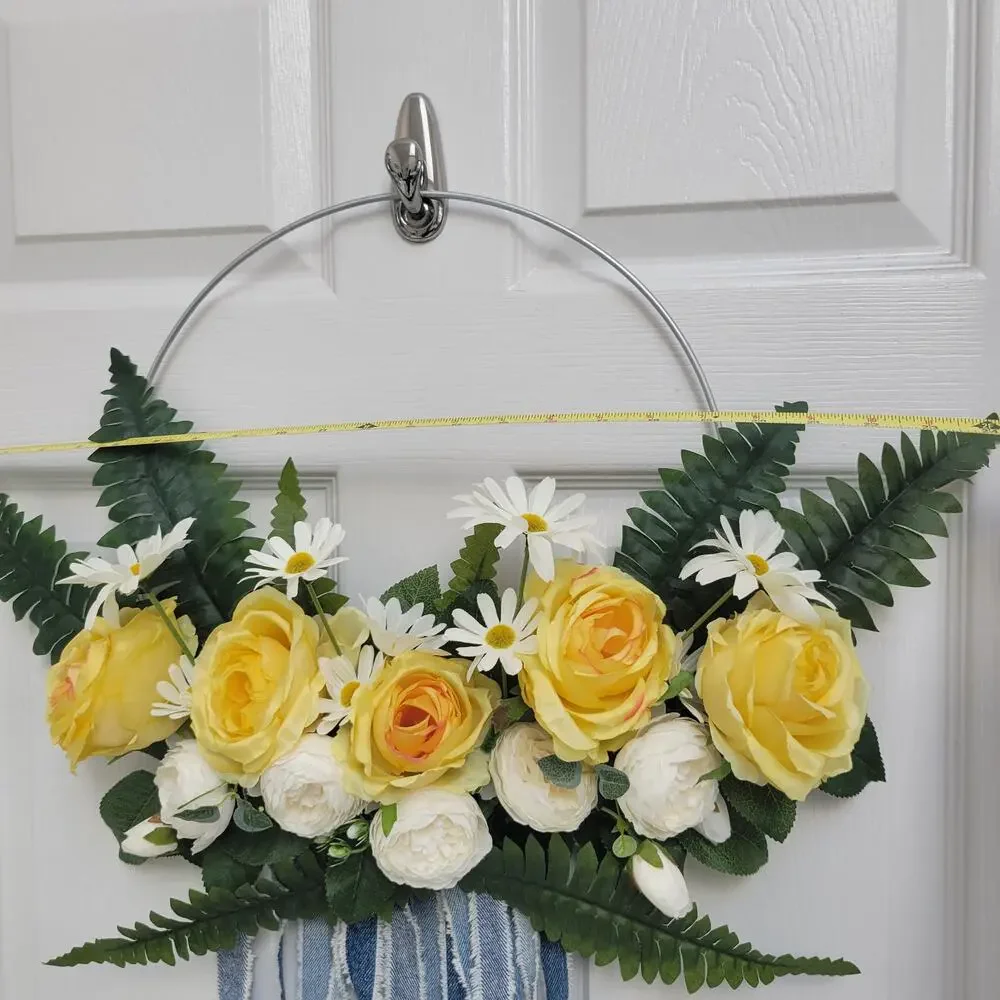 Galvanized Hoop Wreath with Yellow Roses, Daisies, Ferns & Denim Streamers